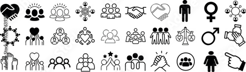 gender equality, community teamwork, diversity and collaboration Icon set, inclusion, partnership, human connection, justice, and unity for social issues, human rights, equality, gender roles, teamwor