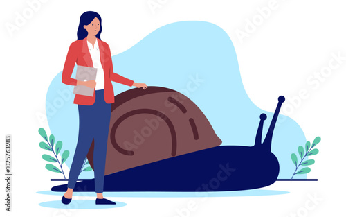Slow work progress - Businesswoman standing with snail moving very slowly forward with lack of progress and boring job with no progress in career and business. Flat design vector illustration