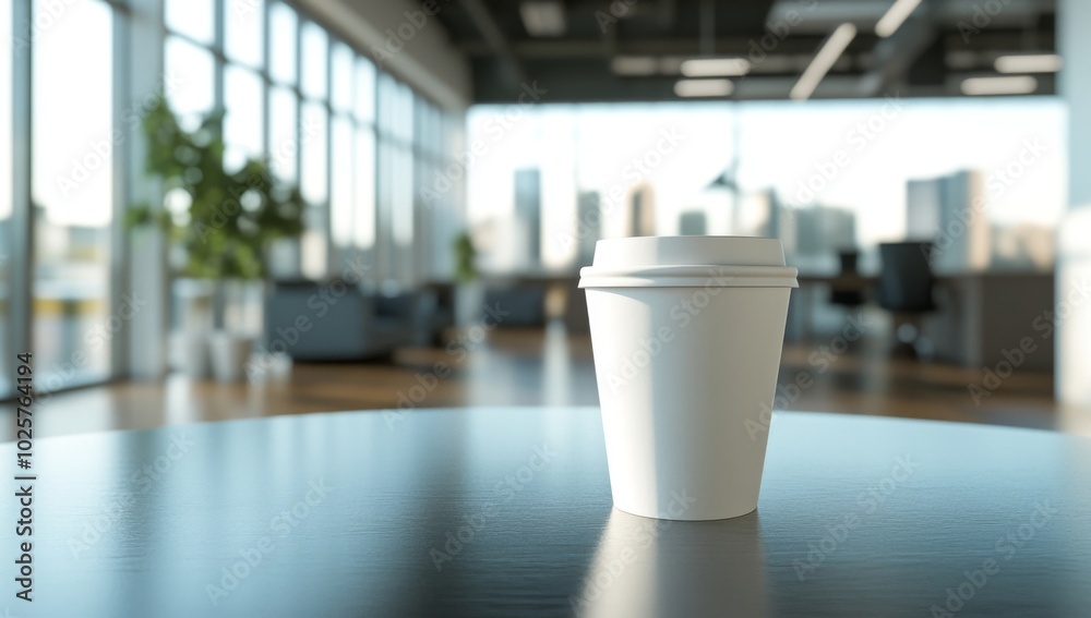 minimalist white blank paper coffee cup mockup on table in modern office 