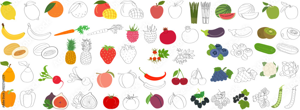 Set of fruits, vegetables and berries with vitamin C - flat vector illustration. Cartoon template for children's educational coloring books and packaging for juices and diet food.