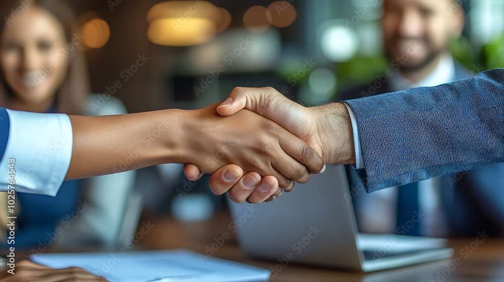 A handshake between two people in a business setting A handshake between two people in a business setting