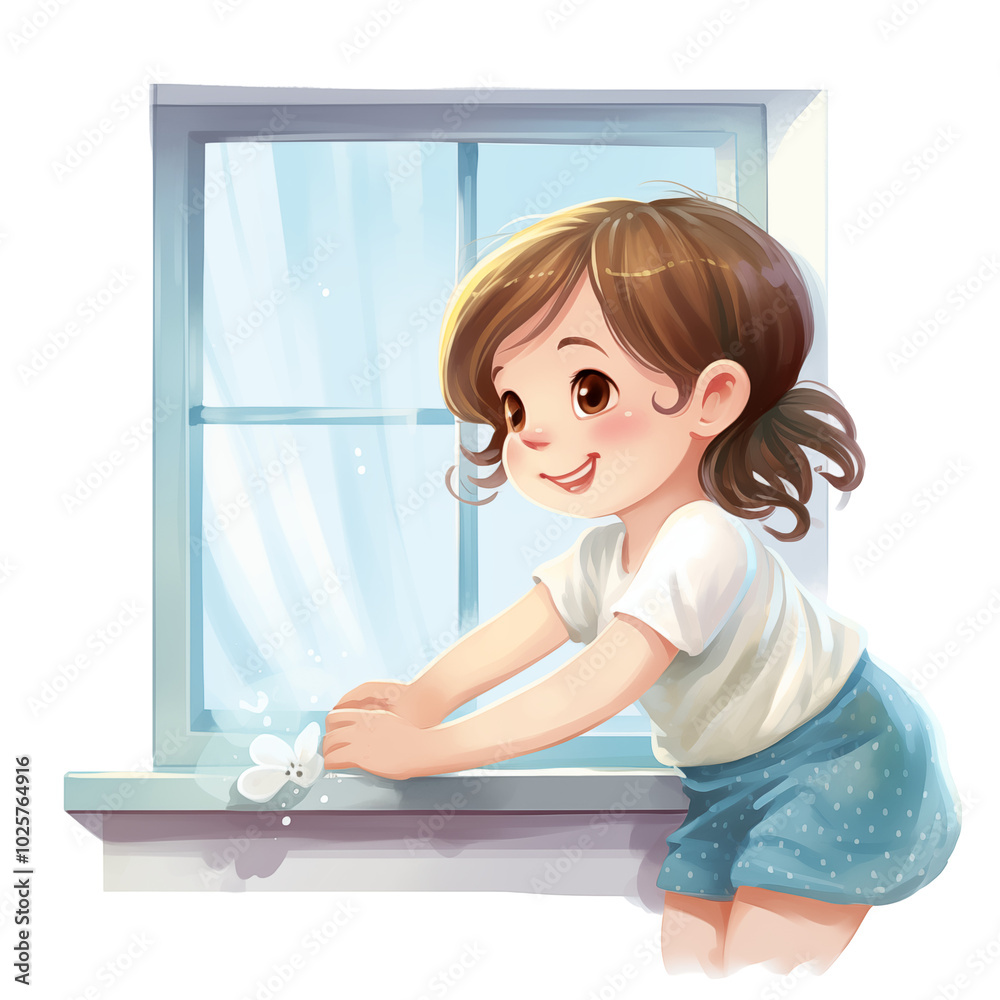 Cute Little Girl Playing With A Butterfly By The Window In A Sunny Room Cute Little Girl Playing With A Butterfly By The Window In A Sunny Room