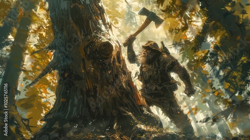 A bearded man in a forest, wielding an axe near a tree. photo