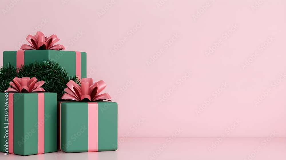 Festive green and pink gift boxes for celebration Festive green and pink gift boxes for celebration