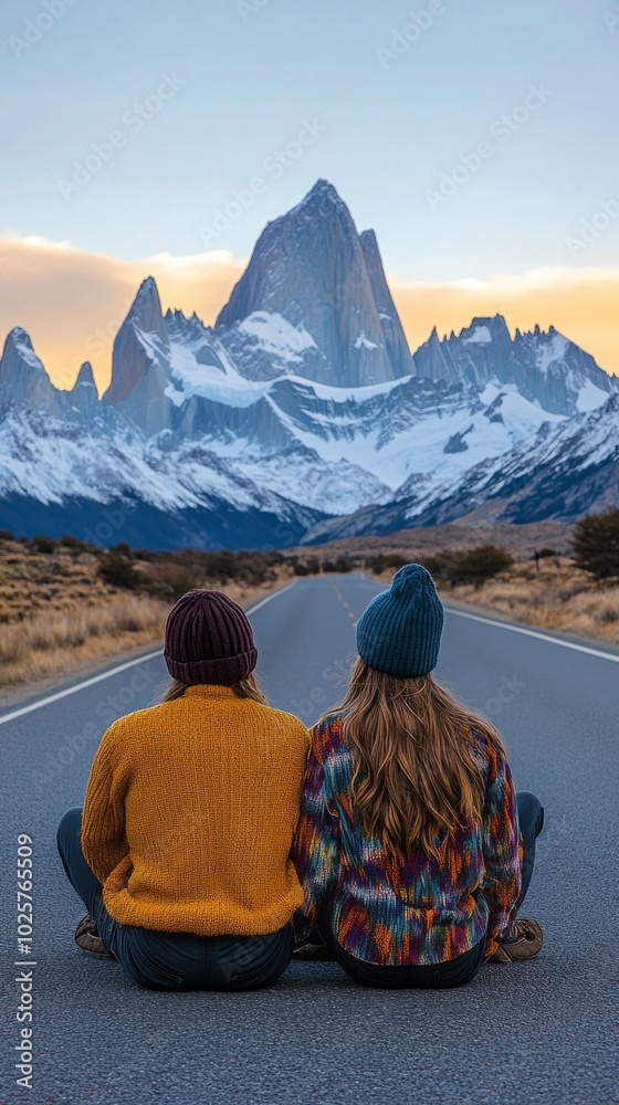 Fototapeta premium Two women are sitting on the side of a road, wearing hats and jackets