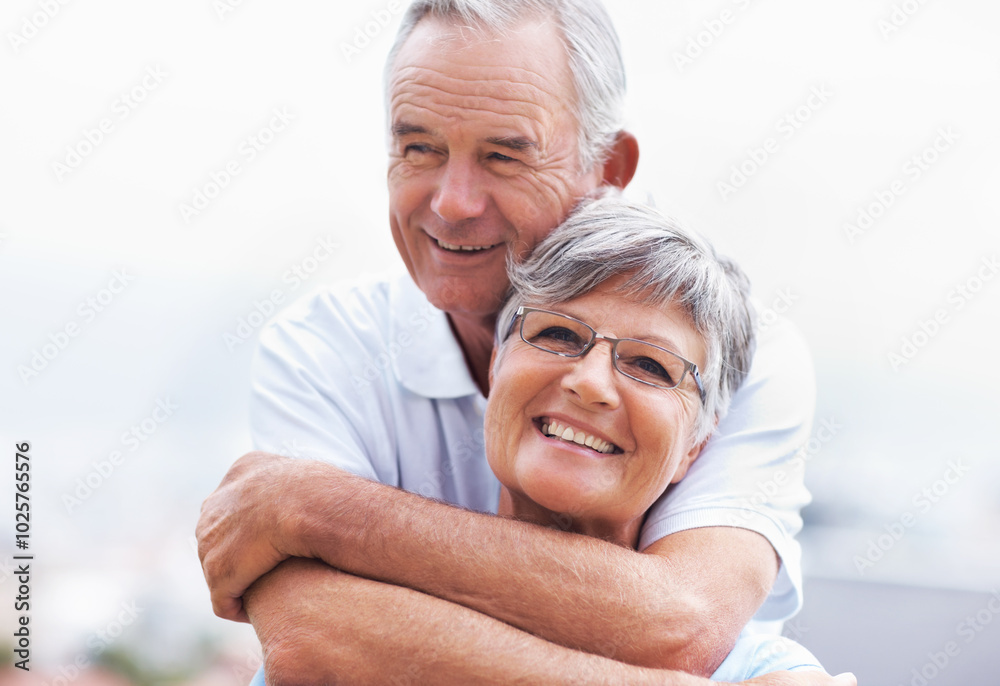 Outdoor, elderly couple and smile with hug for love, connection and bonding together in retirement. Senior people, woman and man with embrace in marriage, commitment and security for care at home Outdoor, elderly couple and smile with hug for love, connection and bonding together in retirement. Senior people, woman and man with embrace in marriage, commitment and security for care at home