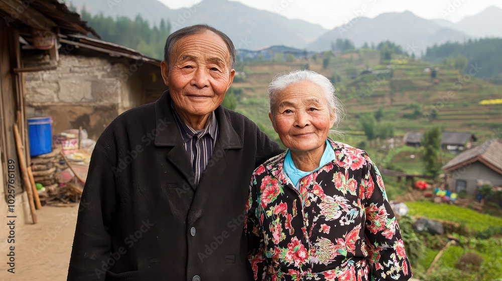 Naklejka premium An elderly couple smiles together outdoors with a scenic mountainous backdrop, showcasing their joy and connection to nature.