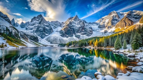 Fototapeta Naklejka Na Ścianę i Meble -  Majestic Winter Mountain Peaks Near Morskie Oko Lake in Poland's Tatra Mountains Range with Snow-Covered Landscape