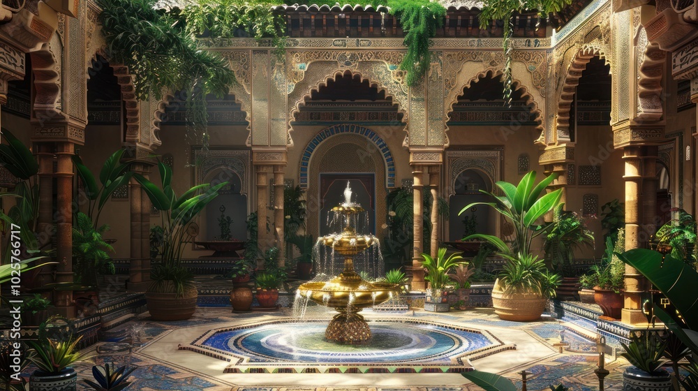 Obraz premium Ornate Courtyard with a Fountain and Lush Greenery
