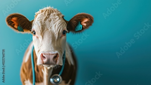 Cow with stethoscope, veterinary care, turquoise background