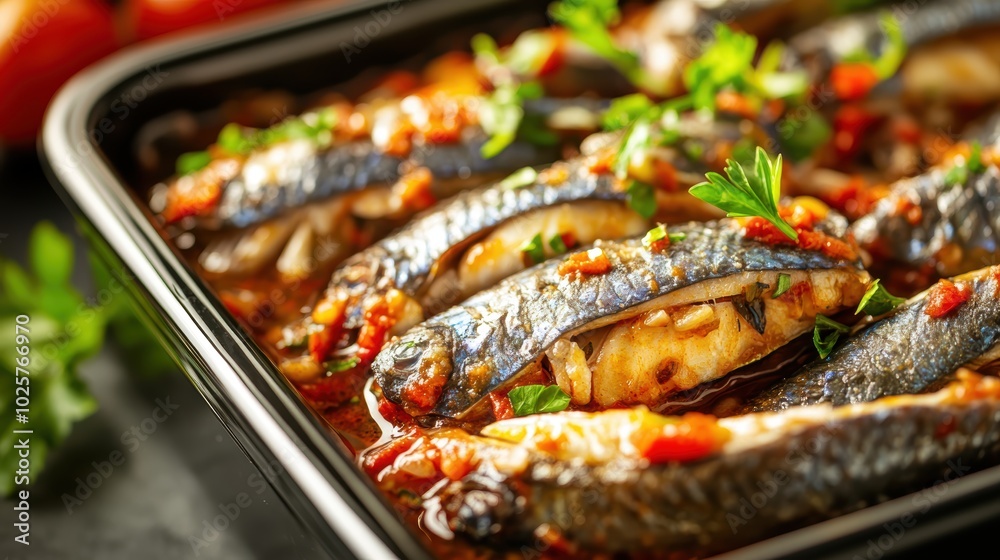 Roasted sardines with herbs spices in baking dish Roasted sardines with herbs spices in baking dish