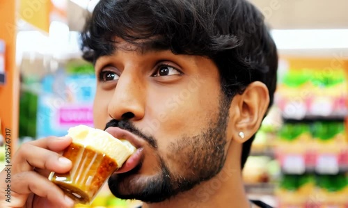 Argentinian Man Enjoying Free Sample at Grocery Store