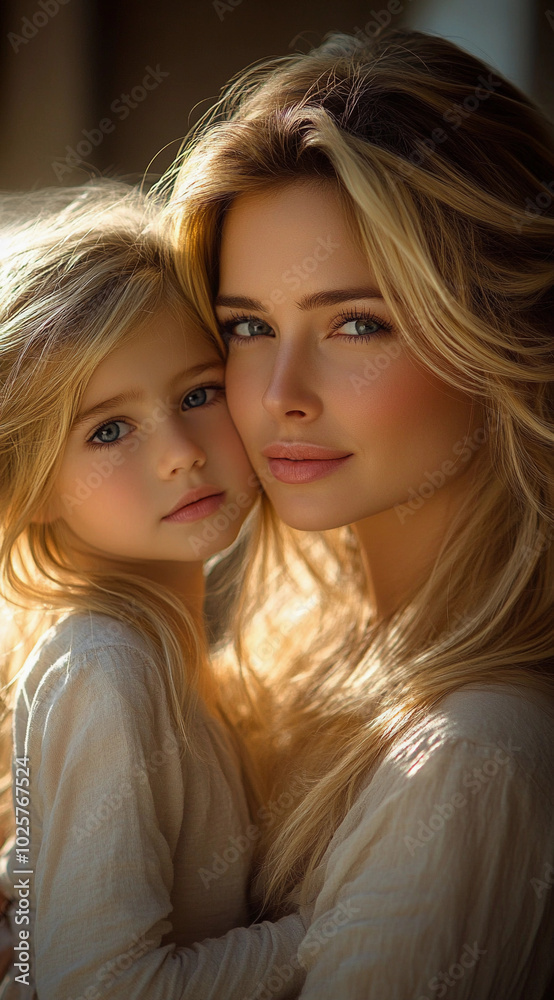 Fototapeta premium A woman and a child are holding hands and smiling. The woman has long blonde hair and the child has blonde hair as well. Scene is happy and loving