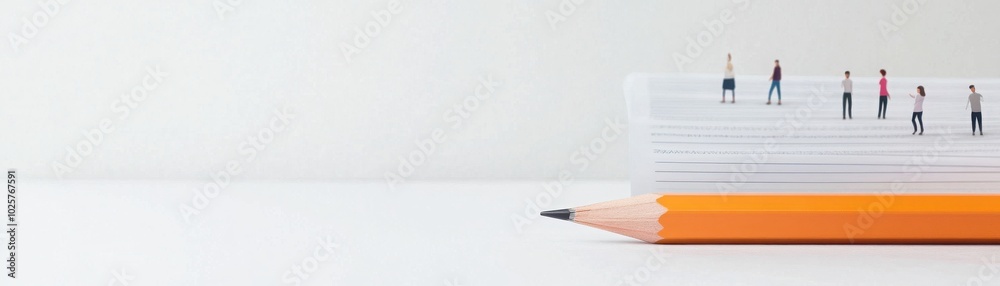 Miniature figures stand on a stack of notebooks, showcasing teamwork and creativity in a minimalistic workspace. Miniature figures stand on a stack of notebooks, showcasing teamwork and creativity in a minimalistic workspace.