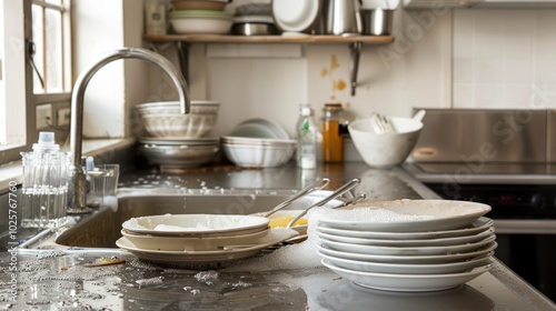 Dirty Dishes in a Kitchen Sink with Soapy Water