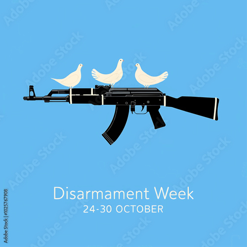 Vector illustration of a rifle with white doves, symbolizing peace and disarmament for Disarmament Week, October 24-30. Promoting global harmony and the end of armed conflict.

