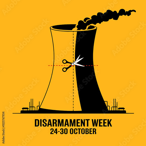 Vector of a nuclear power plant being cut with scissors, symbolizing disarmament and anti-nuclear messaging for Disarmament Week, October 24-30. Advocating for a world without nuclear threats.

