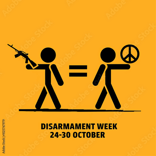 Silhouette stick figures marching for Disarmament Week, October 24-30, with peace symbols and guns, symbolizing the global movement toward peace and the end of violence.


