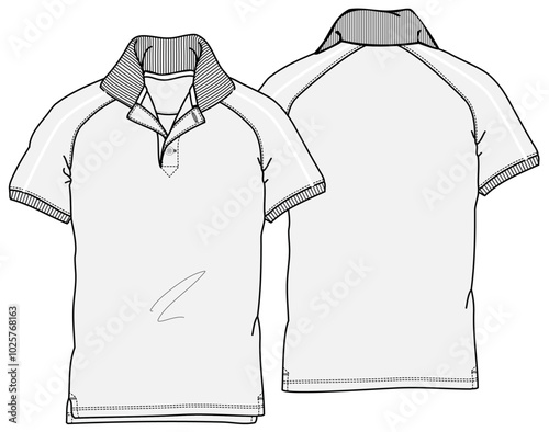Basic Polo Shirt CAD Vector Illustration Mock Up Front and Back View Collared Neck Short Sleeve T-Shirt	
