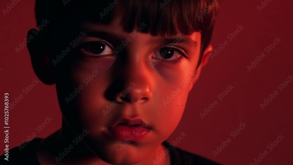 Pensive child in dramatic lighting: deep emotions reflected in intense gaze Pensive child in dramatic lighting: deep emotions reflected in intense gaze