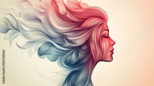 A woman's profile with flowing hair in shades of blue, pink, and red, creating a sense of movement and ethereal beauty.