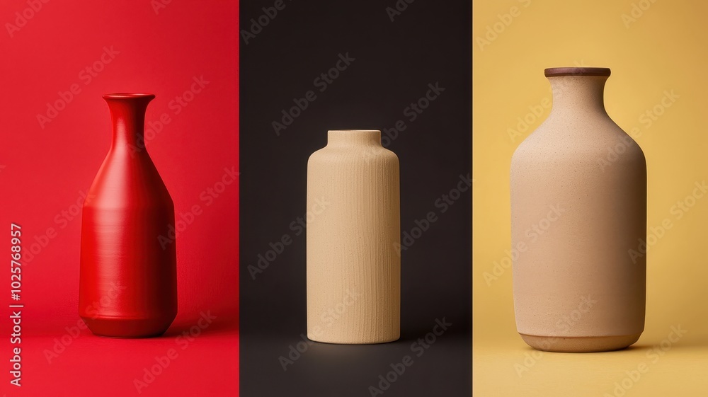 Three stylish vases in vibrant colors: red, black, and yellow, set against contrasting backgrounds for a striking visual appeal.