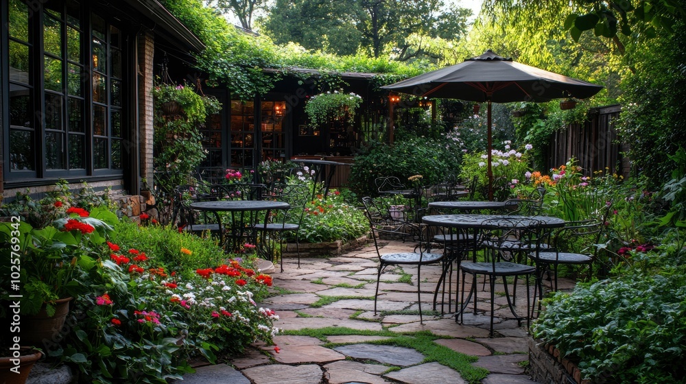 An outdoor cafe nestled in a garden, with tables surrounded by blooming flowers and lush greenery, creating a peaceful retreat for patrons An outdoor cafe nestled in a garden, with tables surrounded by blooming flowers and lush greenery, creating a peaceful retreat for patrons