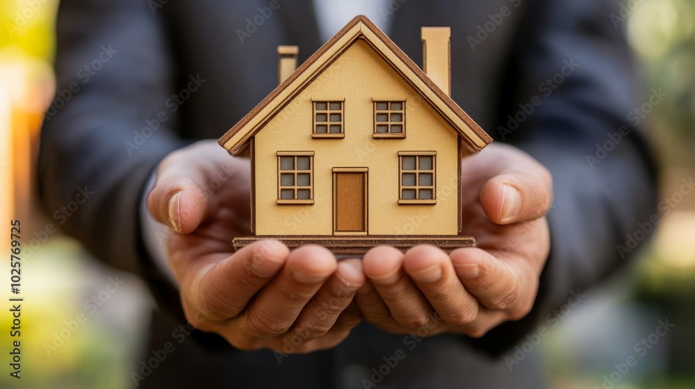 A man is holding a small wooden house in his hands A man is holding a small wooden house in his hands