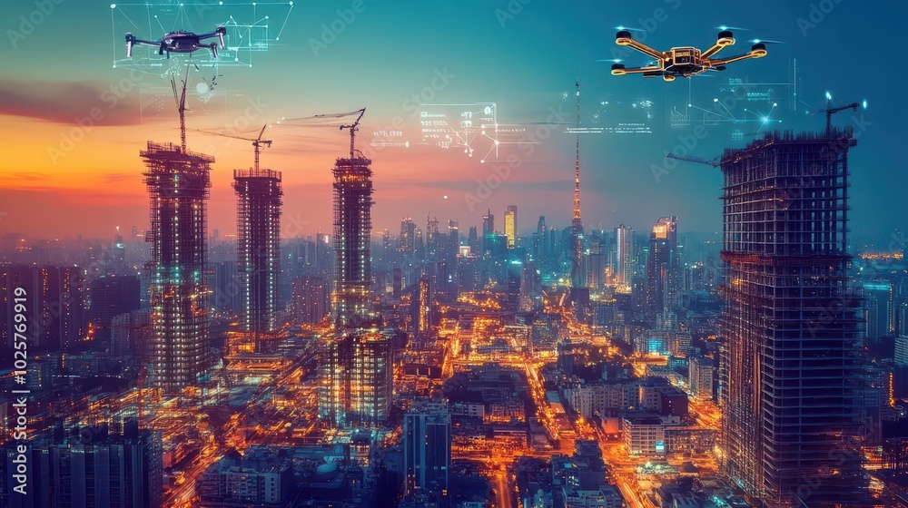 Fototapeta premium A smart city construction site, automated machinery, drones, and 3D-printed structures, glowing in the twilight of a futuristic metropolis