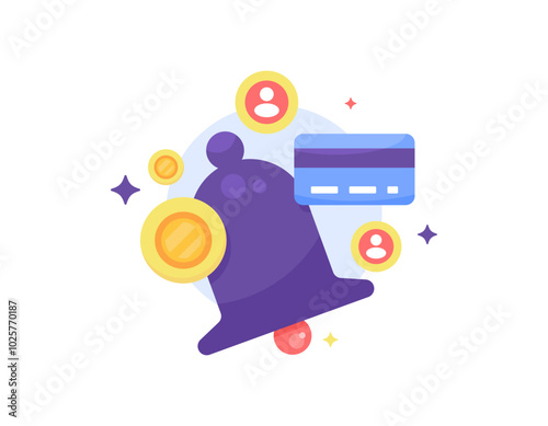 membership bill notification concept. bill payment notification. information or reminder. bell illustration with coins, account symbol, and debit card. flat style design. elements