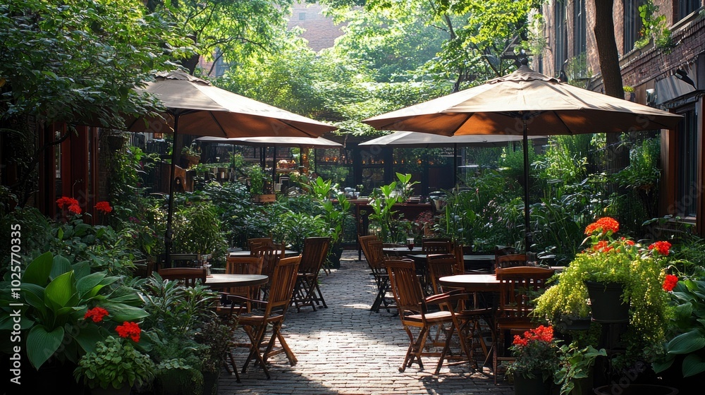 Obraz premium A cafe's outdoor seating area with tables shaded by large umbrellas, surrounded by plants and flowers, offering a peaceful retreat in the heart of the city