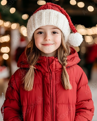 Cheerful girl in festive winter attire with holiday lights