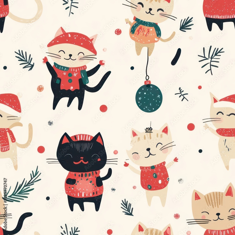 Cute Christmas cats wearing festive outfits, playing with ornaments and lights, fun and whimsical, cartoon style Cute Christmas cats wearing festive outfits, playing with ornaments and lights, fun and whimsical, cartoon style