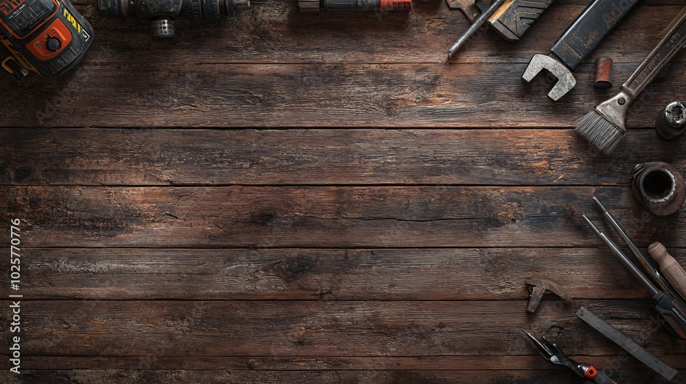 Rustic wooden background with assorted tools. Rustic wooden background with assorted tools.