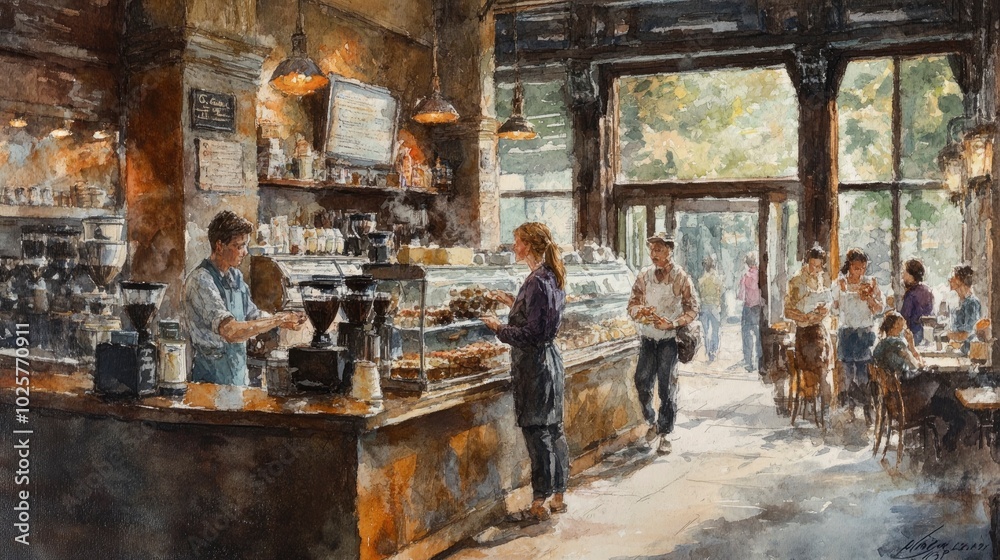 A lively cafe scene with customers engaged in conversation, baristas working behind the counter, and the aroma of fresh coffee filling the air, creating a vibrant, welcoming atmosphere A lively cafe scene with customers engaged in conversation, baristas working behind the counter, and the aroma of fresh coffee filling the air, creating a vibrant, welcoming atmosphere