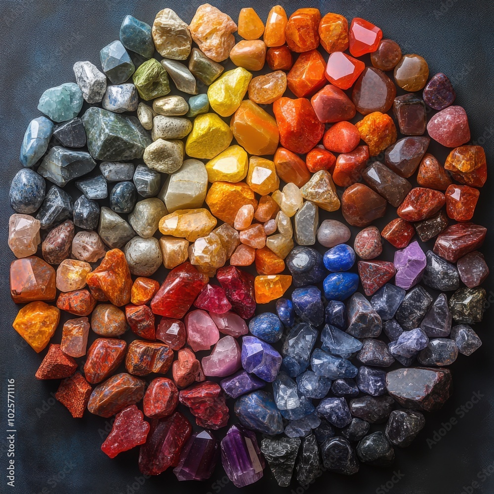 A vibrant collection of polished gemstones arranged in a circular pattern A vibrant collection of polished gemstones arranged in a circular pattern