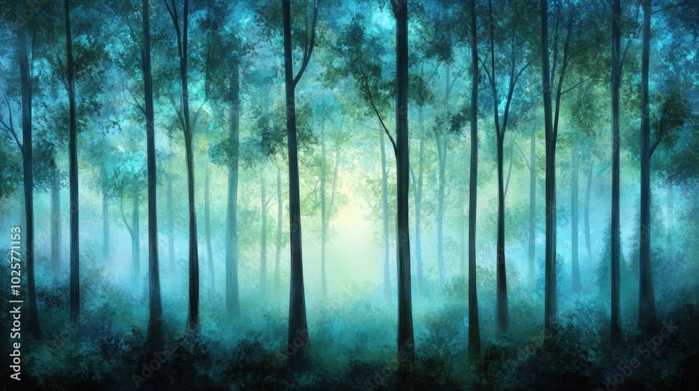 Naklejka premium A serene forest scene with mist and soft light filtering through trees.