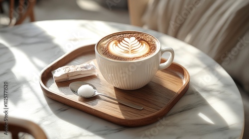 A close-up of a frothy cappuccino with intricate latte art on top, served on a wooden tray with a small spoon and a sugar packet, placed on a marble table in a chic cafe photo