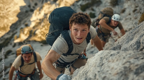 Three climbers ascend a steep rocky cliff face, the lead climber looking directly at the camera.