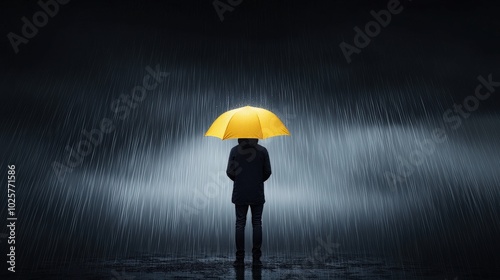 A person standing in the rain, with dark clouds overhead, symbolizing a gloomy and negative outlook.