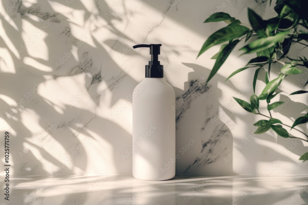 White blank shampoo bottle mockup with black pump on marble background with plant and shadows White blank shampoo bottle mockup with black pump on marble background with plant and shadows