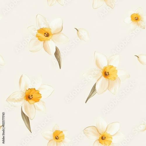 Minimalist watercolor daffodils with soft yellow petals, gently scattered on a light beige background, seamless pattern