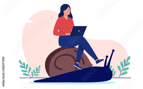 Slow boring work - unfulfilled woman person sitting on snail working on computer moving slowly in career and business with lack of progress and development. Flat design vector stock illustration