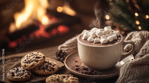 Wallpaper Mural A cozy winter scene inside a cafe, with a cup of hot chocolate topped with marshmallows, a plate of cookies, and a fire crackling in the fireplace, creating a warm and inviting atmosphere Torontodigital.ca