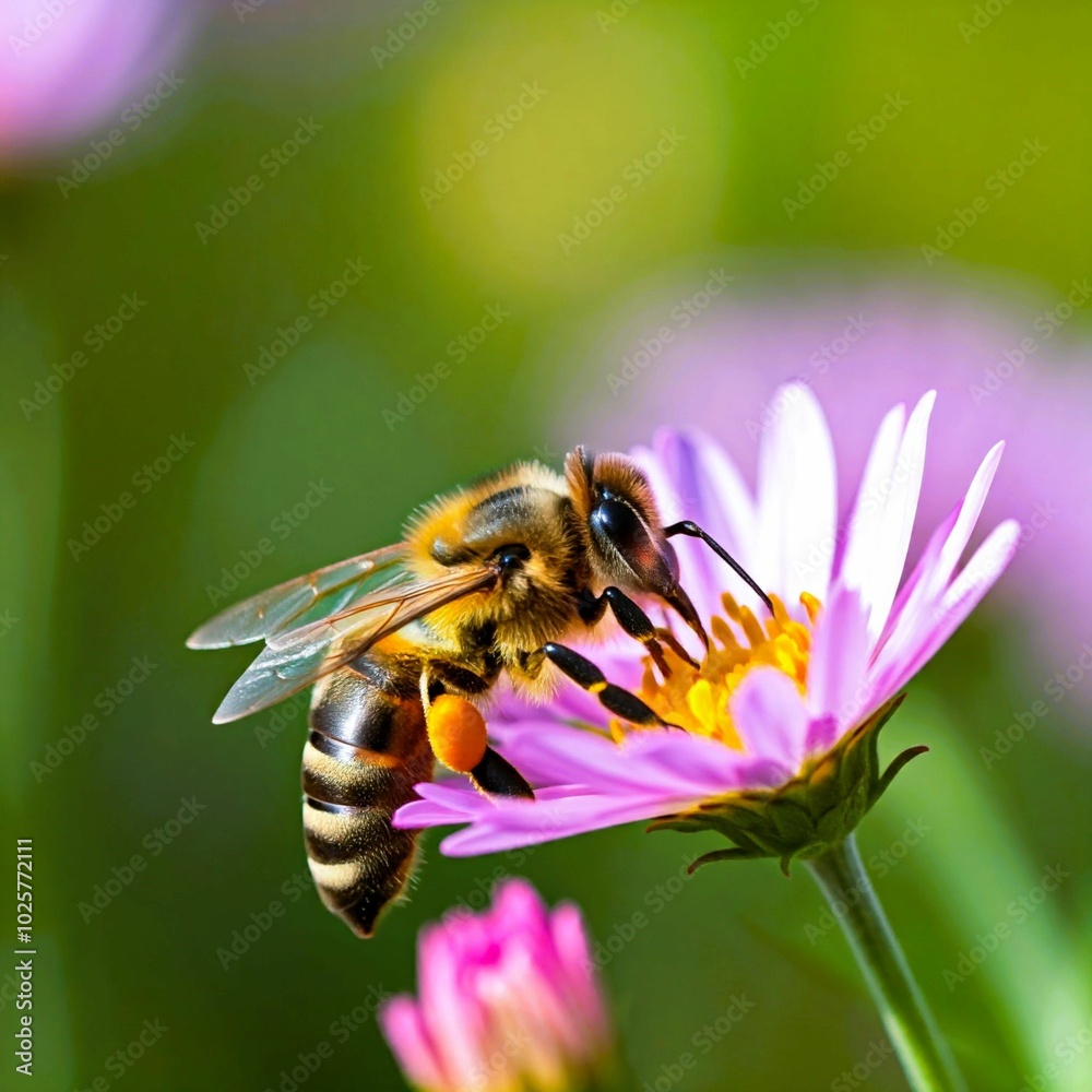A macro shot of a yellow honeybee collecting pollen from a purple flower in a spring garden A macro shot of a yellow honeybee collecting pollen from a purple flower in a spring garden
