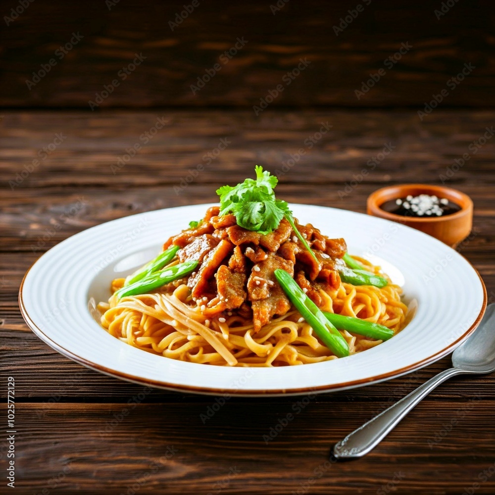 Spaghetti Pad Thai with fried pork and greens on a white plate Spaghetti Pad Thai with fried pork and greens on a white plate