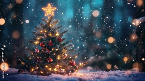 Beautiful Christmas tree with glowing star in snowy winter setting