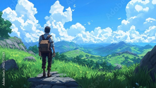 A traveler stands on a rocky overlook, gazing at vast green valleys and blue skies filled with fluffy clouds. A scene of adventure and nature unfolds.