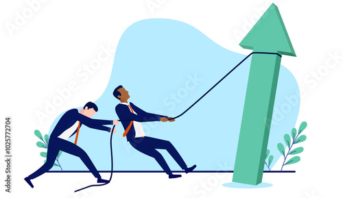 Work hard for success - Two determined businesspeople changing direction and making recovery of company success by pulling green arrow towards growth and profits. Flat design vector stock illustration