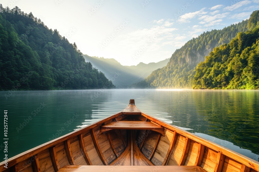 Obraz premium Tranquil Morning Boat Ride on Serene Lake